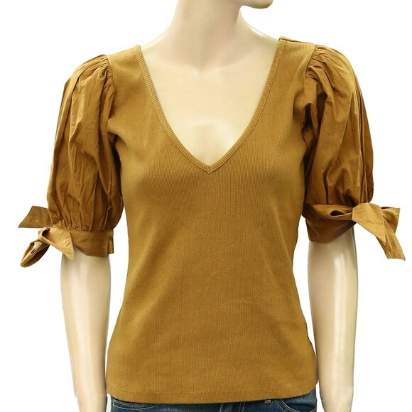 Maeve Anthropologie Puff-Sleeved Blouse Top Ribbed Tie Cuff Gold S NWT 283434 - Picture 4 of 7